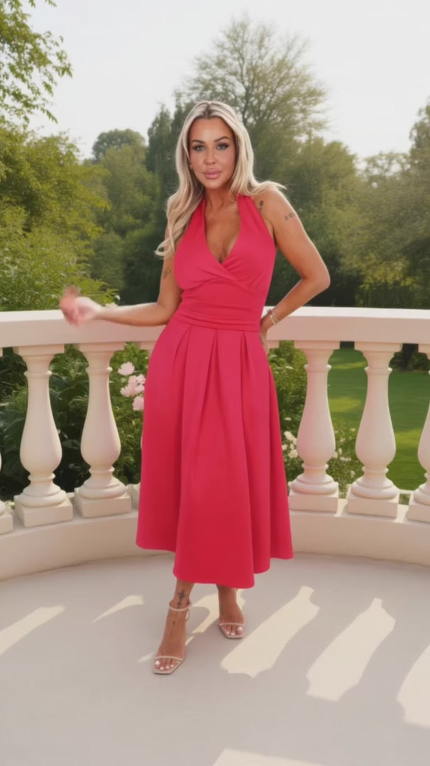 Marilyn Magenta Tie Halter Neck Midi Dress
