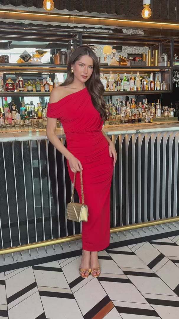 Zelda Red Off The Shoulder Draped Top Bodycon Midi Dress
