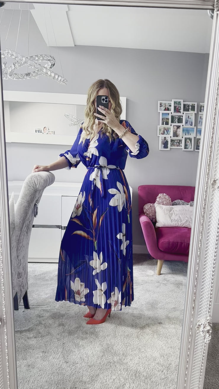 Elle Cobalt Blue Floral Chiffon Pleated Belted Maxi Dress