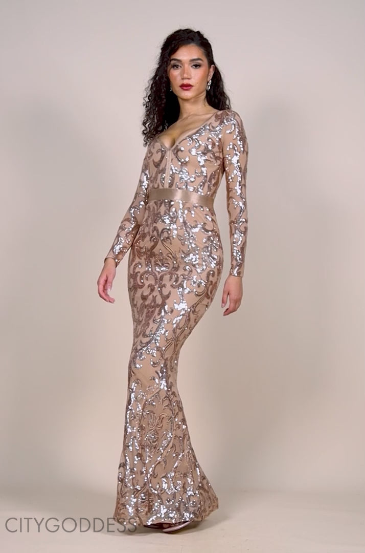 slim fit dress slacks Anwen Champagne Gold Sequin Long Sleeve Bodycon Maxi Dress - BY GODDIVA