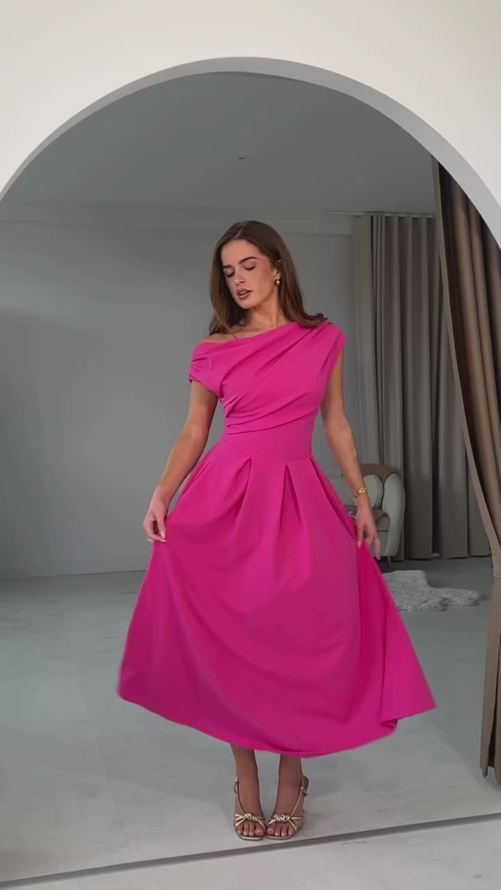 Betty Pink Asymmetric Neckline Skater Midi Dress With Pockets