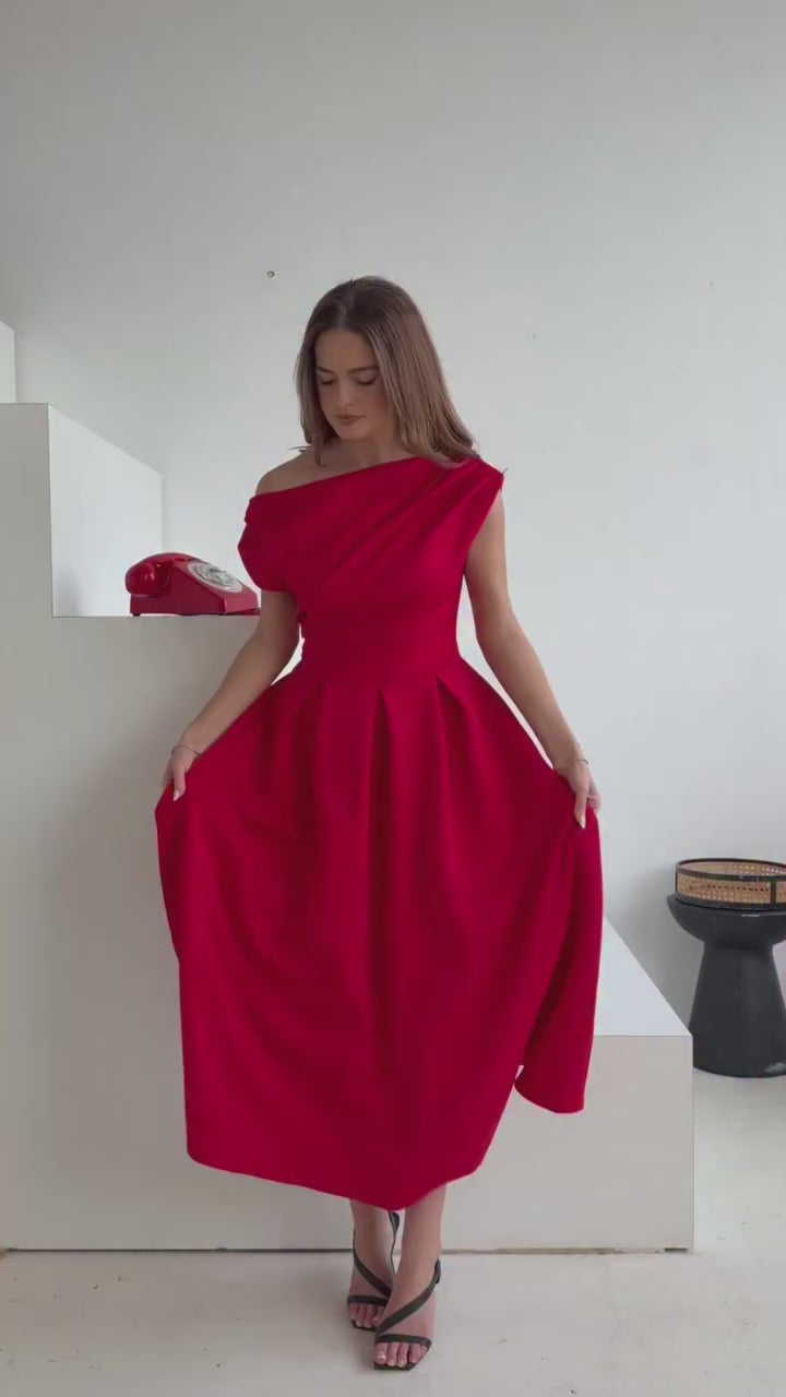Betty Red Asymmetric Neckline Skater Maxi Dress With Pockets