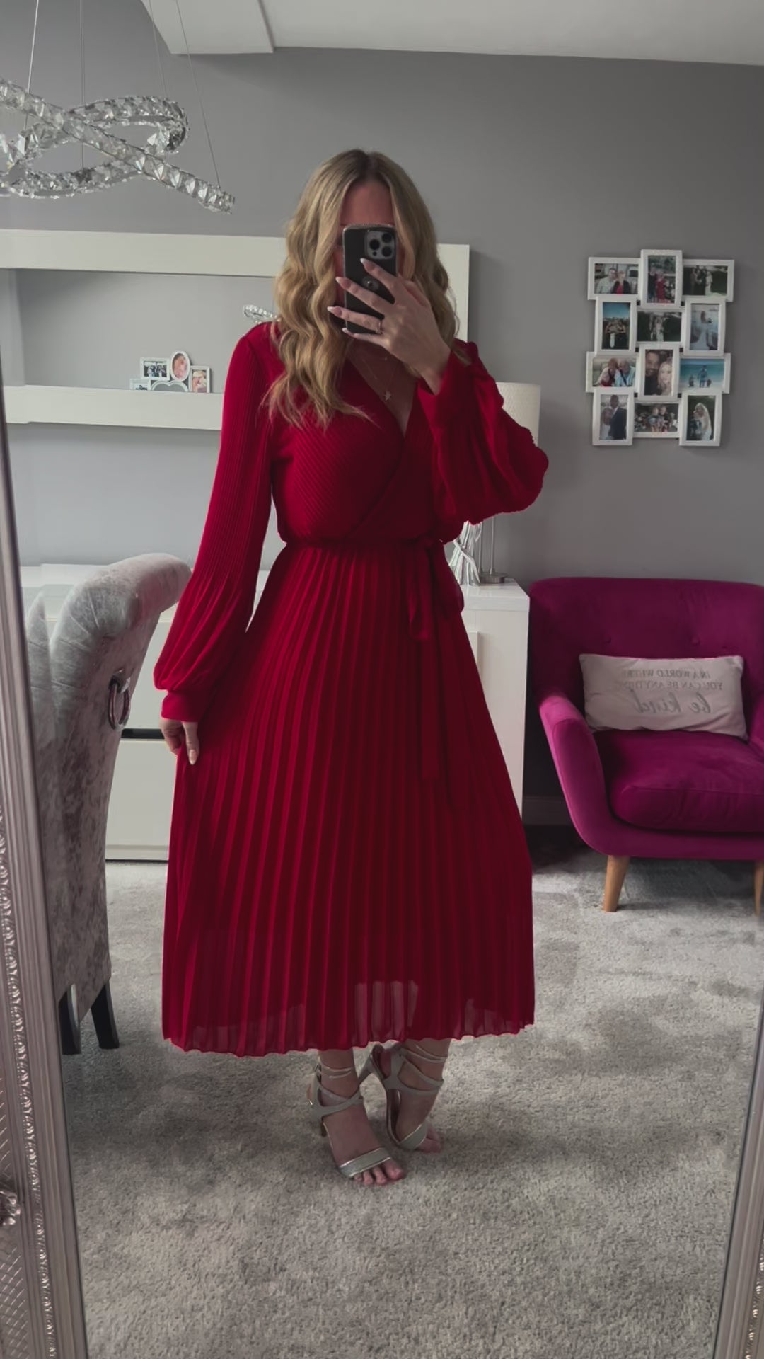 Lucile Red Chiffon Plisse Pleated Belted Long Sleeve Maxi Dress