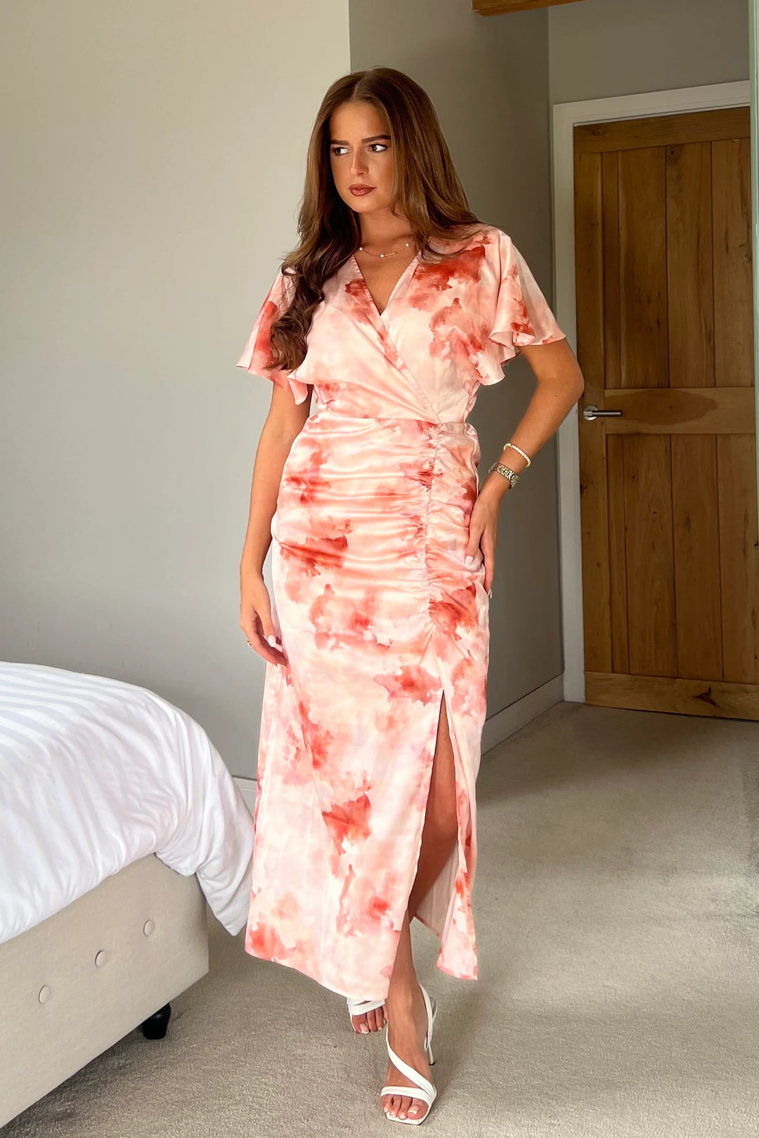 Priscilla Blush Pink Marble Wrap Over Ruched Detail Midi Dress
