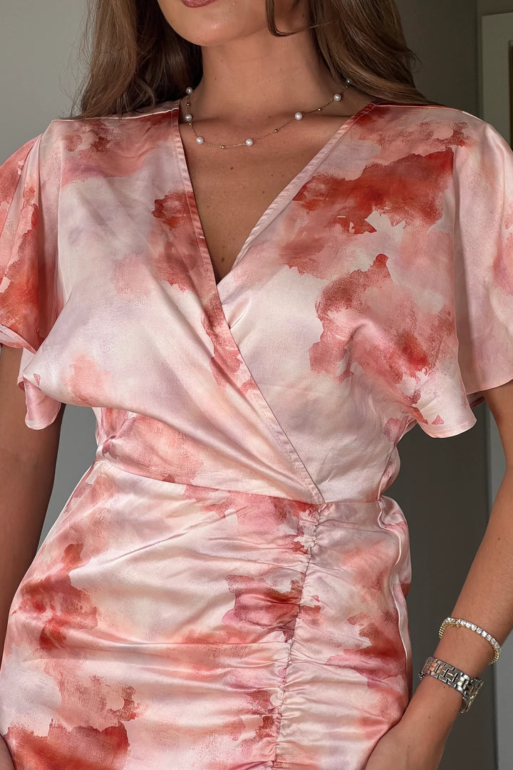 Priscilla Blush Pink Marble Wrap Over Ruched Detail Midi Dress