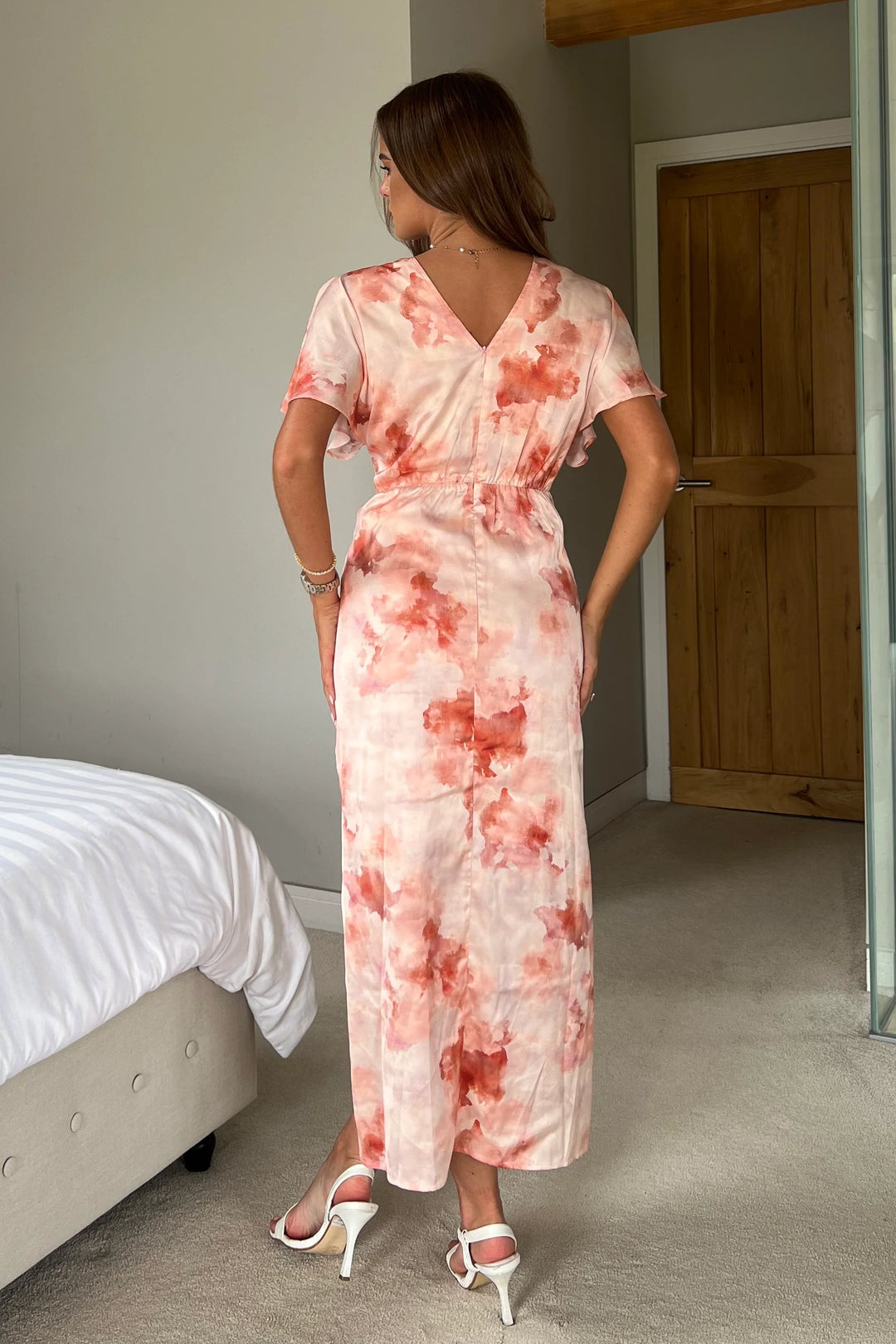 Priscilla Blush Pink Marble Wrap Over Ruched Detail Midi Dress