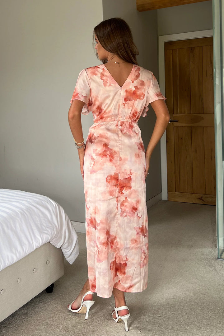 Priscilla Blush Pink Marble Wrap Over Ruched Detail Midi Dress