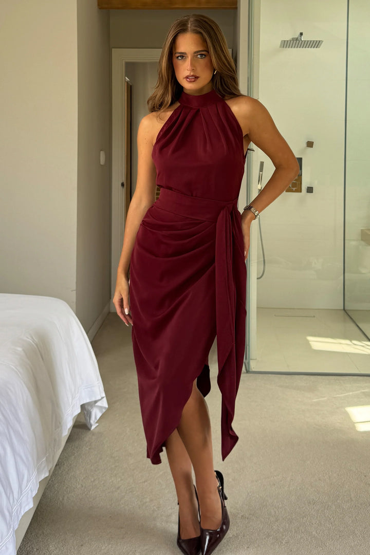 Priya Burgundy Tie Waist Bodycon Halter Neck Midi Dress