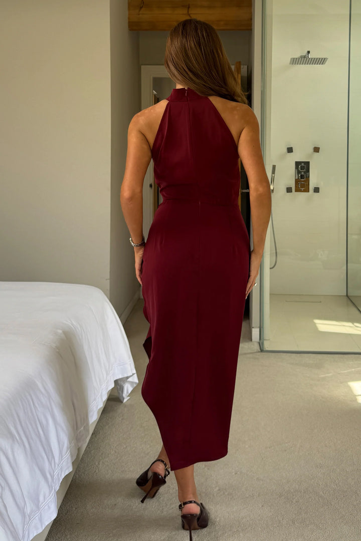 Priya Burgundy Tie Waist Bodycon Halter Neck Midi Dress