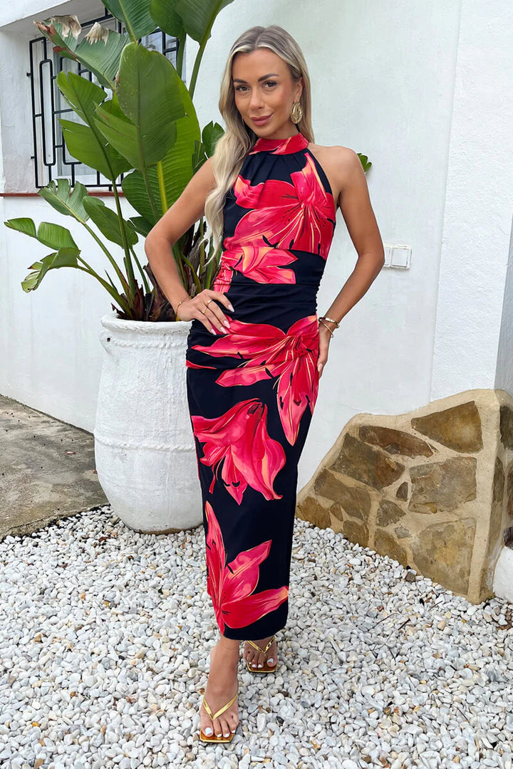 Romantica Black and Pink Floral Print Halter Neck Bodycon Maxi Dress