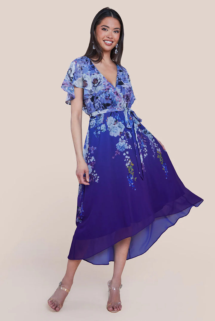 Raquel Royal Blue Short Sleeve Chiffon Floral High Low Midi Dress - BY GODDIVA