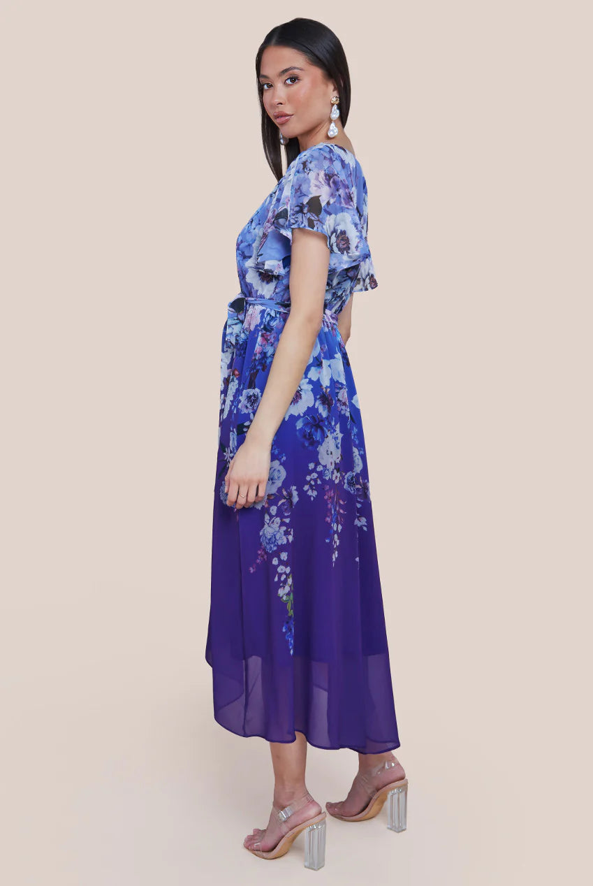 Raquel Royal Blue Short Sleeve Chiffon Floral High Low Midi Dress - BY GODDIVA