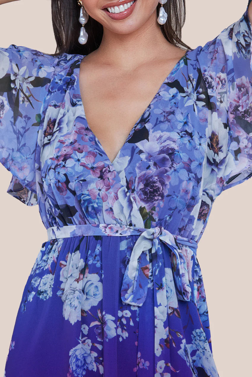 Raquel Royal Blue Short Sleeve Chiffon Floral High Low Midi Dress