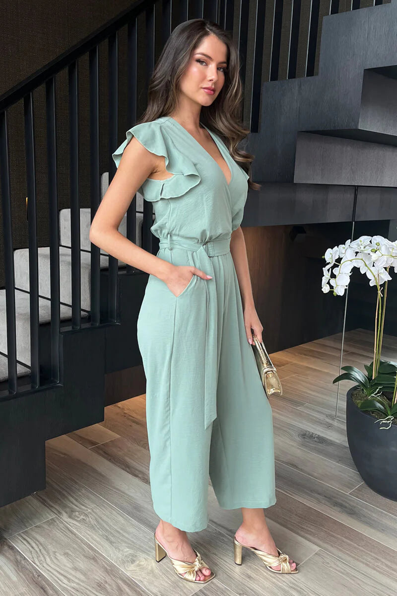 Rita Duck Egg Wrap Top Flutter Sleeve Belted Cropped Leg Jumpsuit