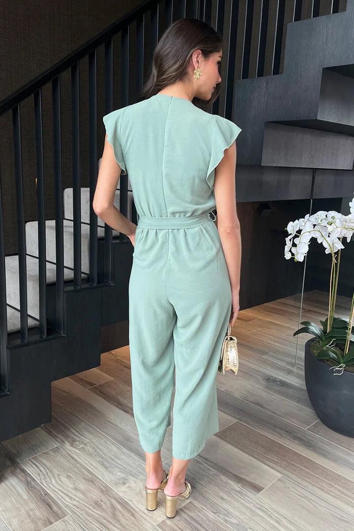 Rita Duck Egg Wrap Top Flutter Sleeve Belted Cropped Leg Jumpsuit