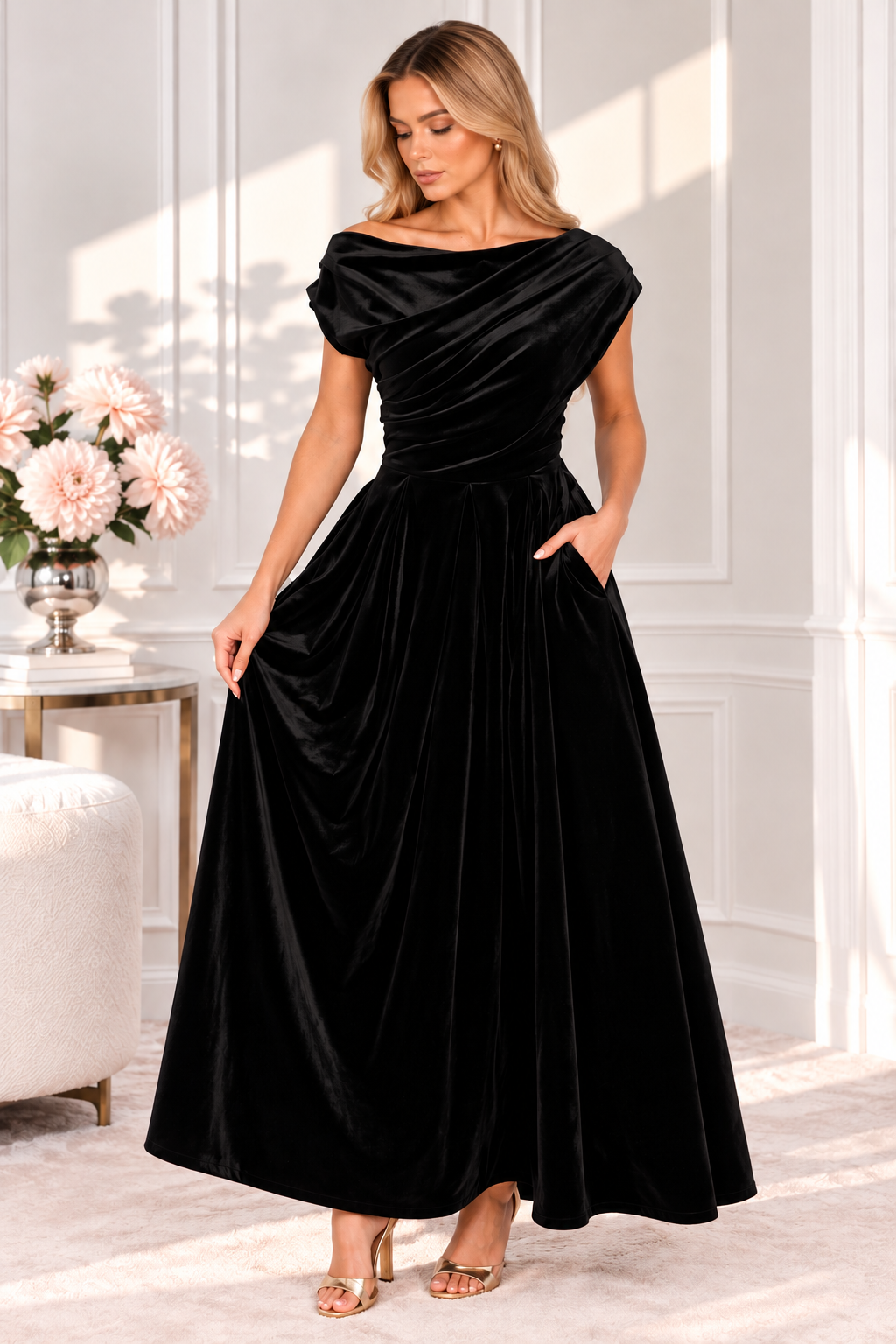 Betty Black Velvet Asymmetric Neckline Skater Maxi Dress With Pockets