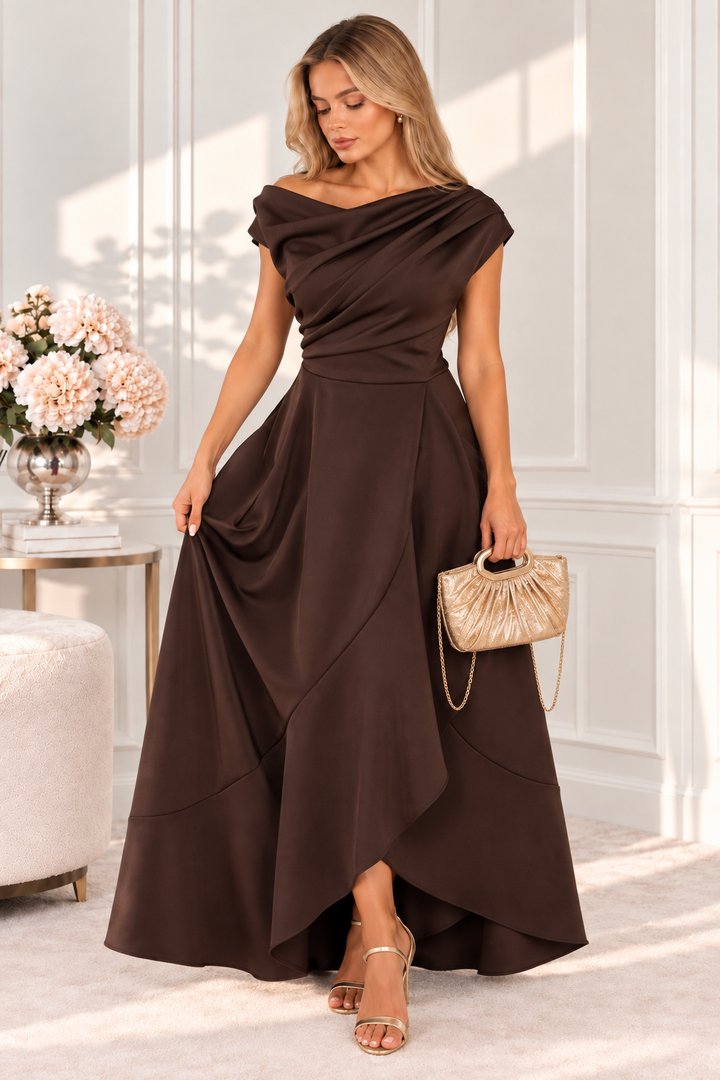 Florie Brown Asymmetric Neckline Maxi Dress