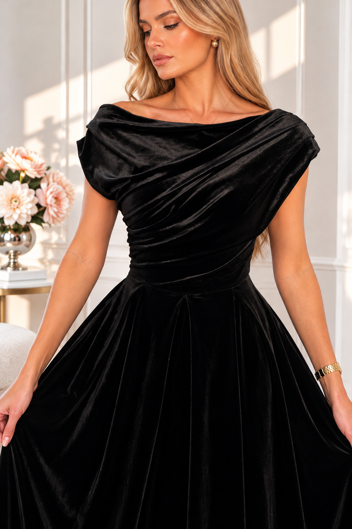 Betty Black Velvet Asymmetric Neckline Skater Maxi Dress With Pockets
