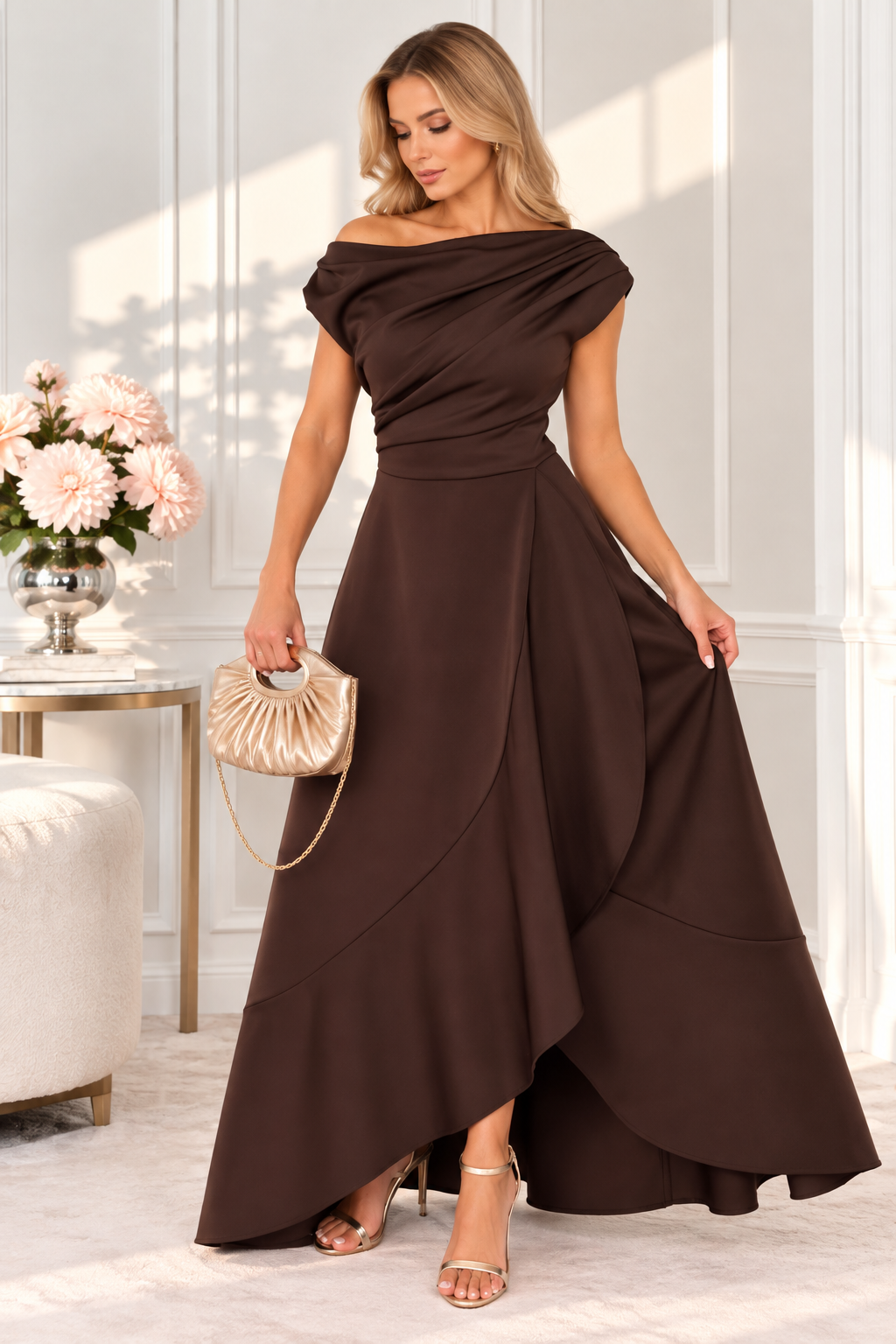 Florie Brown Asymmetric Neckline Maxi Dress