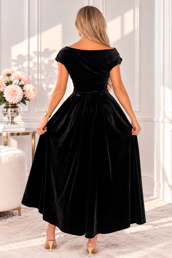 Betty Black Velvet Asymmetric Neckline Skater Maxi Dress With Pockets