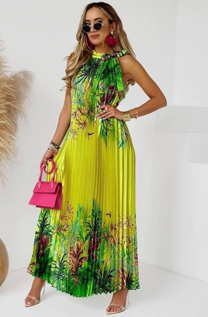Antigua Bright Yellow Floral Halter Neck Pleated Maxi Dress (PRE-ORDER TO SHIP 15TH SEPT)