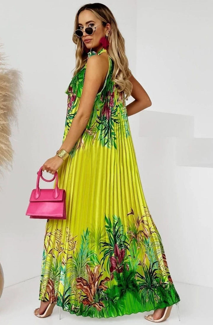 Antigua Bright Yellow Floral Halter Neck Pleated Maxi Dress (PRE-ORDER TO SHIP 15TH SEPT)