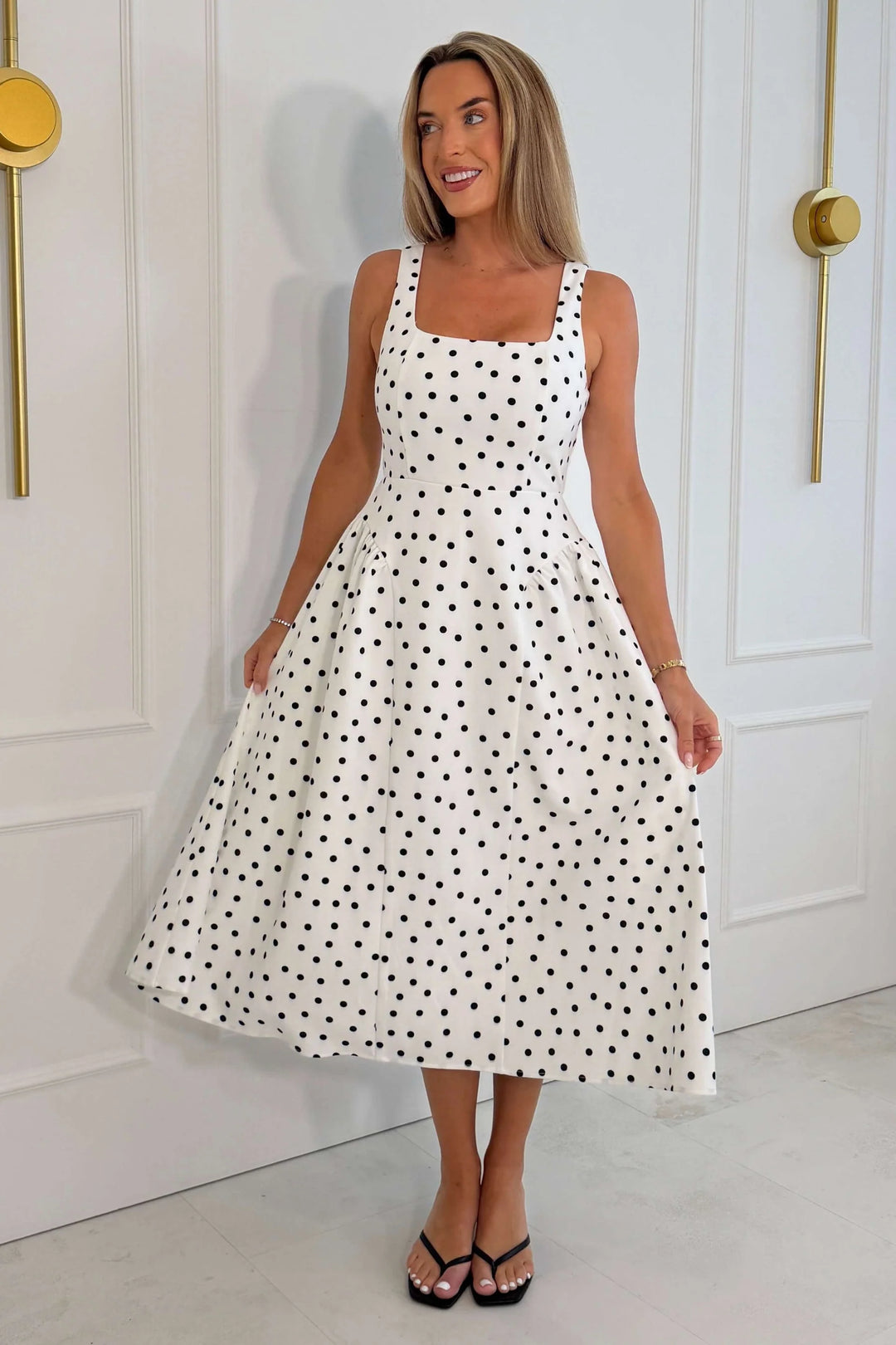 Sharne Polka Print Square Neck Midi Dress