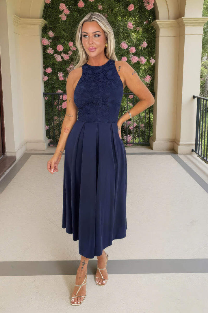 Safiya Navy Embroidered Top Overlay A-Line Skirt Midi Dress