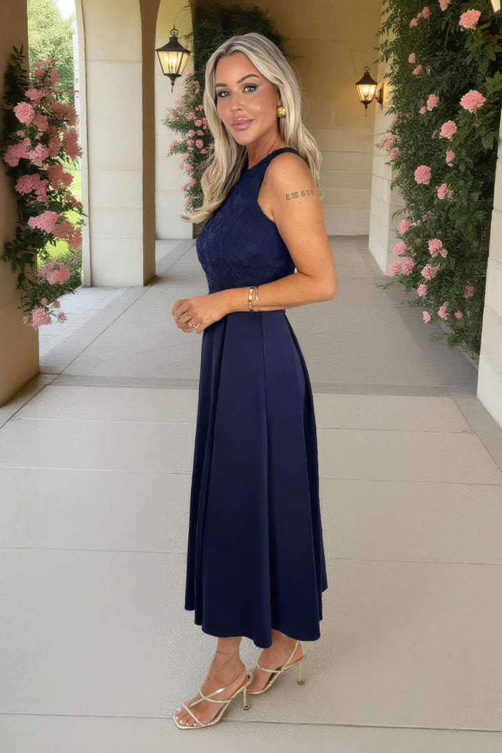 Safiya Navy Embroidered Top Overlay A-Line Skirt Midi Dress