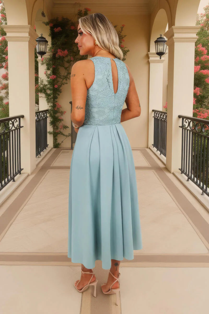 Safiya Duck Egg Embroidered Lace Top Overlay A-Line Skirt Midi Dress