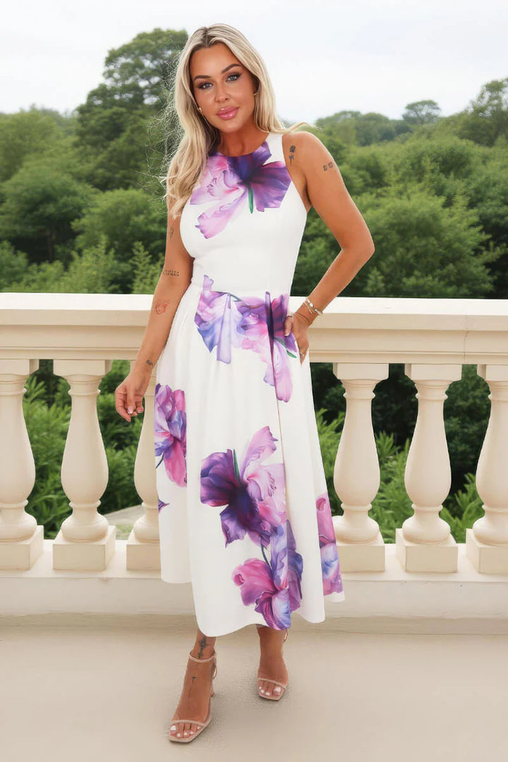Safiya Lilac Floral Print A-Line Skirt Midi Dress