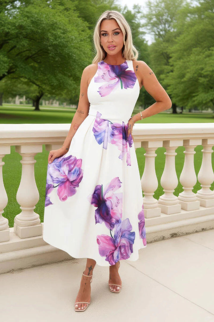 Safiya Lilac Floral Print A-Line Skirt Midi Dress