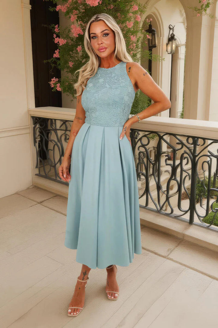 Safiya Duck Egg Embroidered Lace Top Overlay A-Line Skirt Midi Dress