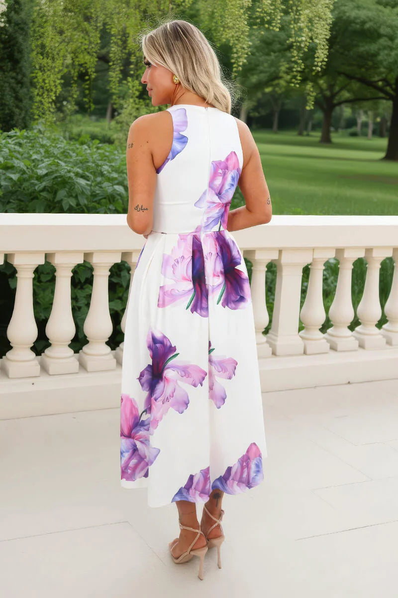 Safiya Lilac Floral Print A-Line Skirt Midi Dress