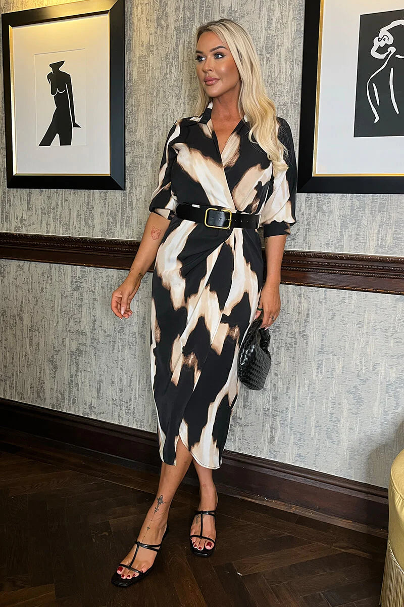 Sienna Cream and Black Multi Smudge Print Long Sleeve Belted Wrap Collared Midi Dress