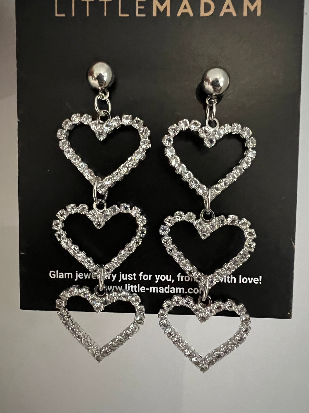 Triple Heart Dangly Diamante Earrings in Silver