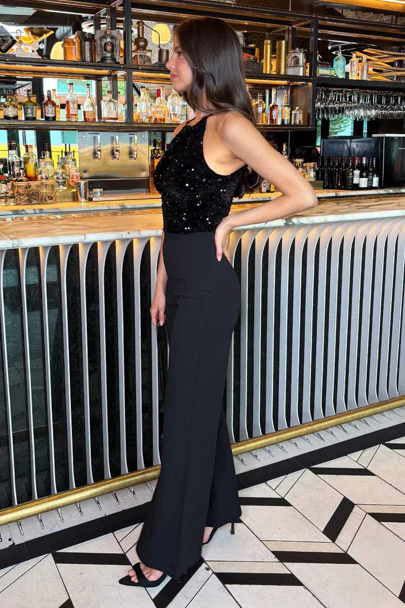 Sofia Black Velvet Sequin 2 in 1 Racer Neck Jumpsuit
