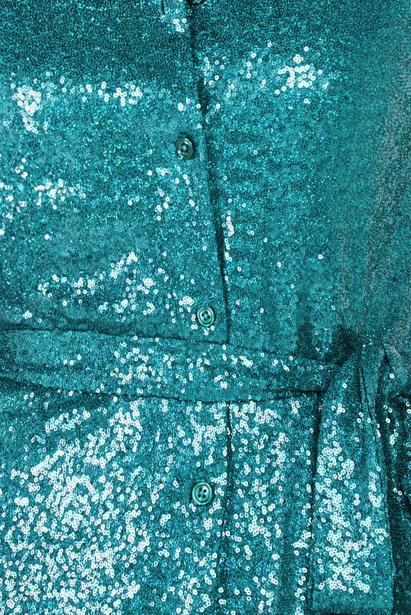 Sophia Emerald Green Sequin Midi Skater Shirt Dress - BY GODDIVA