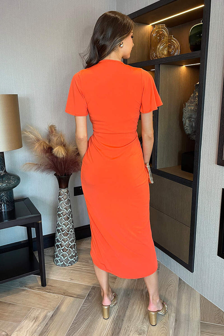 Stacey Orange Short Sleeve Ring Detail Wrap Midi Dress