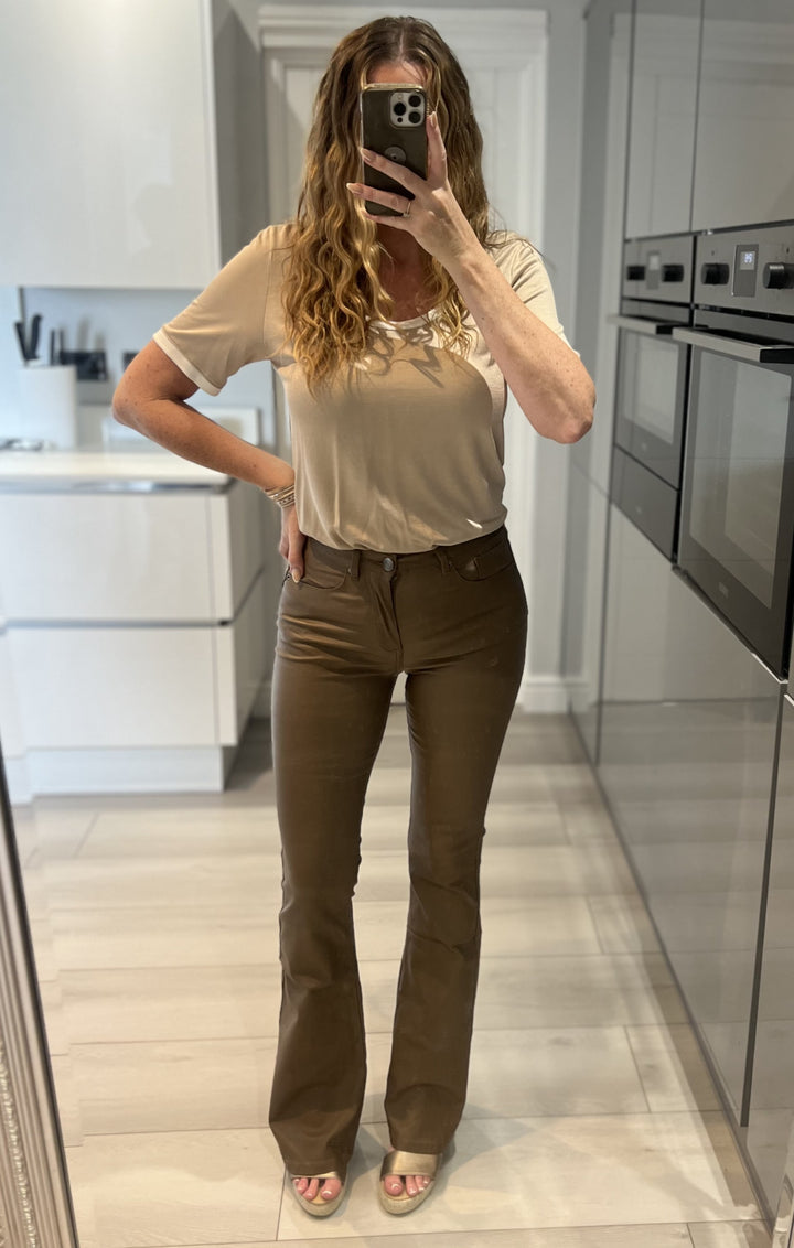 Emme Brown Coated Leather Look Flare Jeans