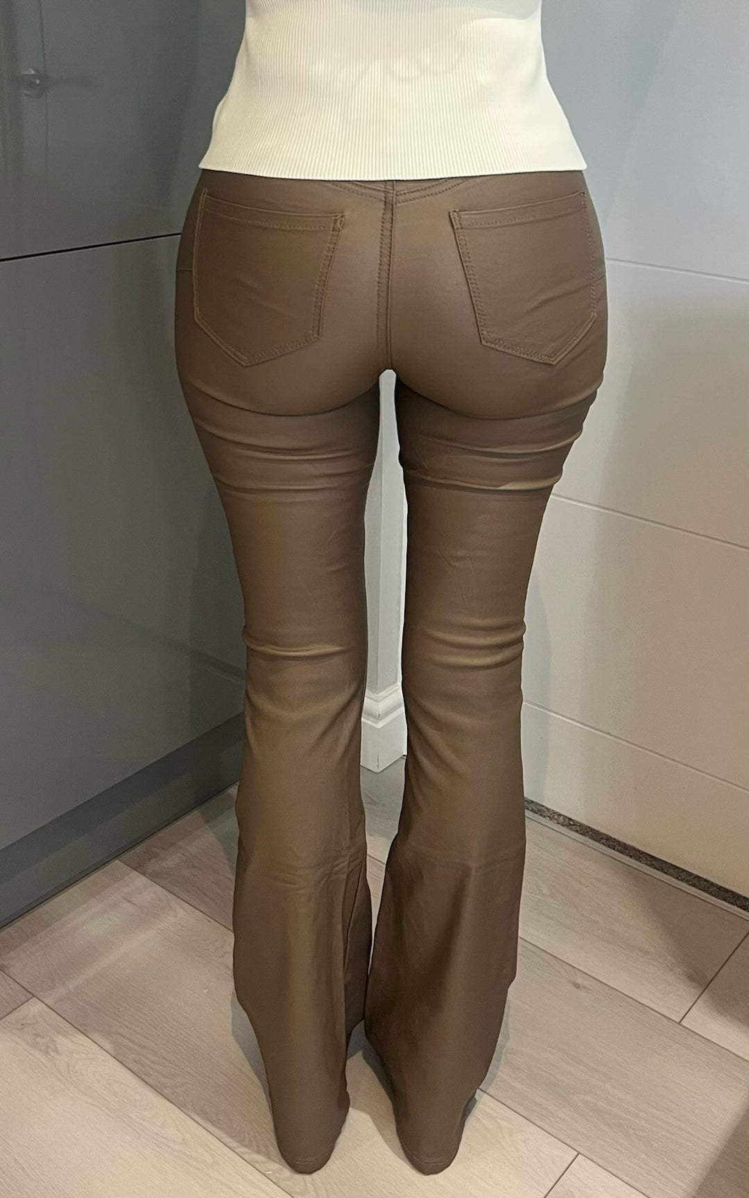 Emme Brown Coated Leather Look Flare Jeans