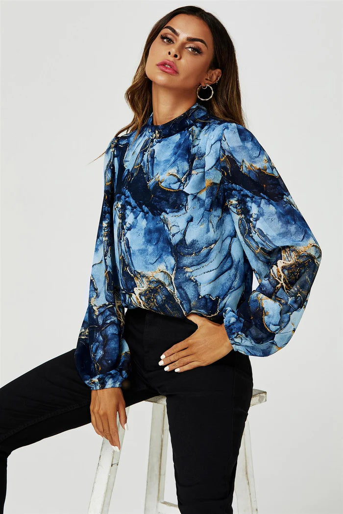 Tracey Navy Marble Print Long Sleeve High Neck Top