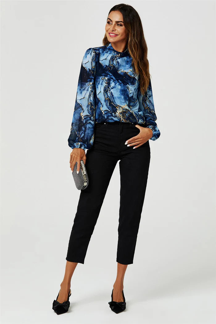 Tracey Navy Marble Print Long Sleeve High Neck Top