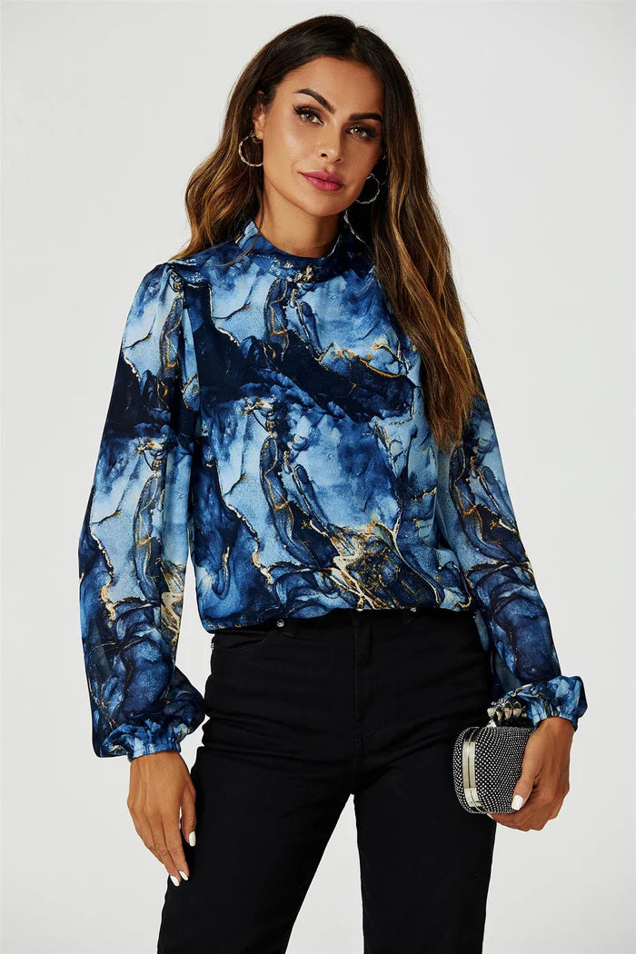 Tracey Navy Marble Print Long Sleeve High Neck Top