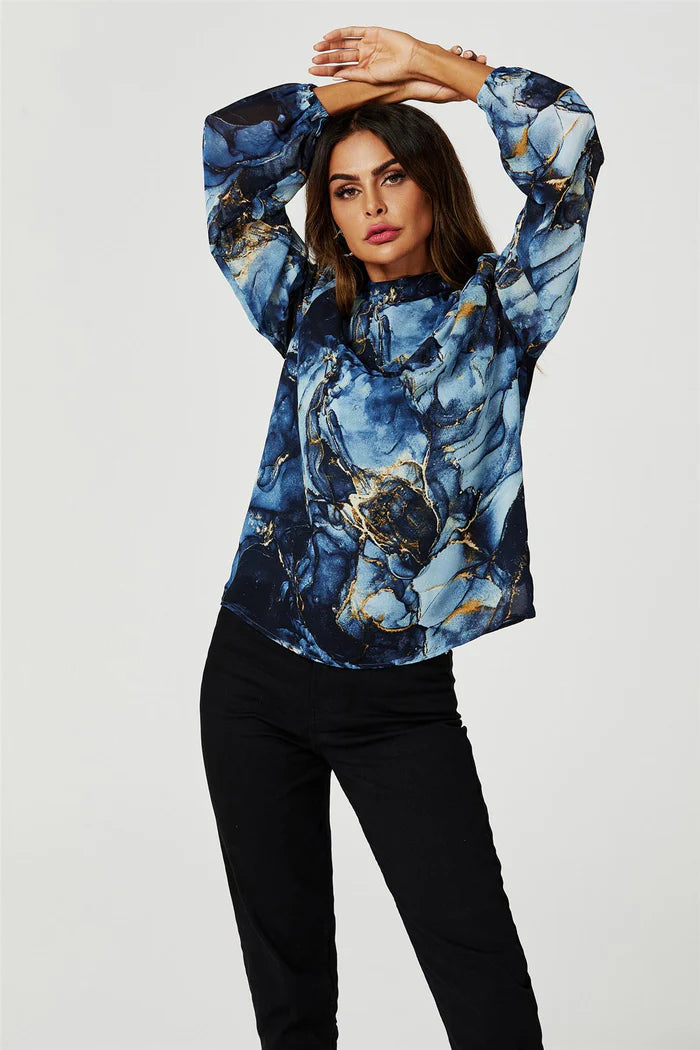 Tracey Navy Marble Print Long Sleeve High Neck Top