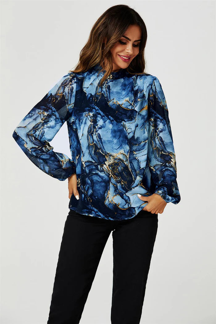 Tracey Navy Marble Print Long Sleeve High Neck Top