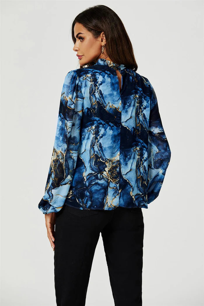 Tracey Navy Marble Print Long Sleeve High Neck Top