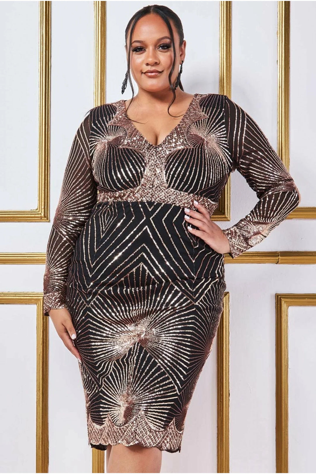 Starburst Rose Gold Long Sleeve Sequin Bodycon Midi Dress