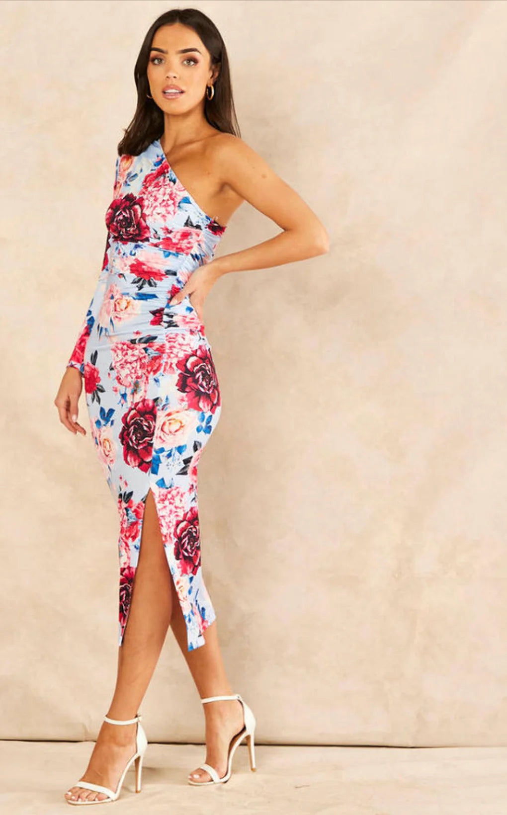 Rodeo Drive Light Blue Floral One Shoulder Bodycon Ruched Midi Dress