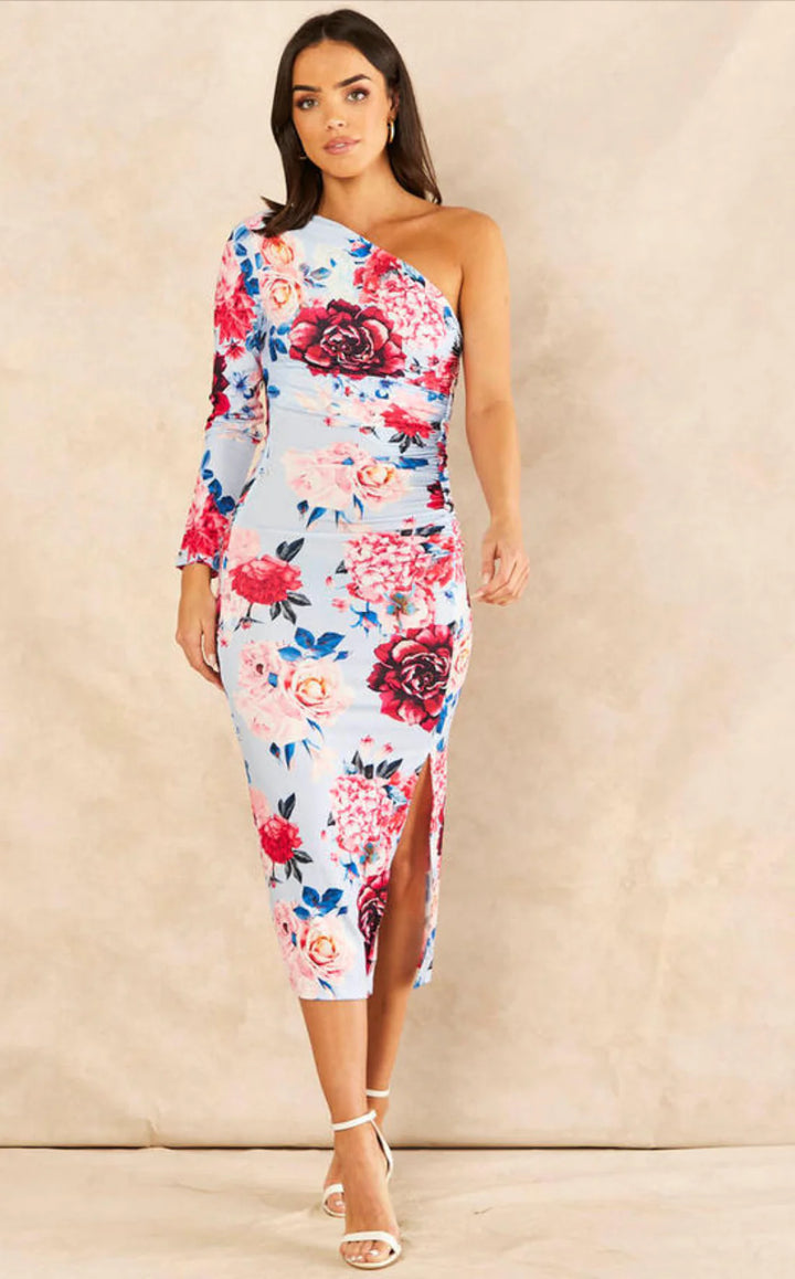 Rodeo Drive Light Blue Floral One Shoulder Bodycon Ruched Midi Dress